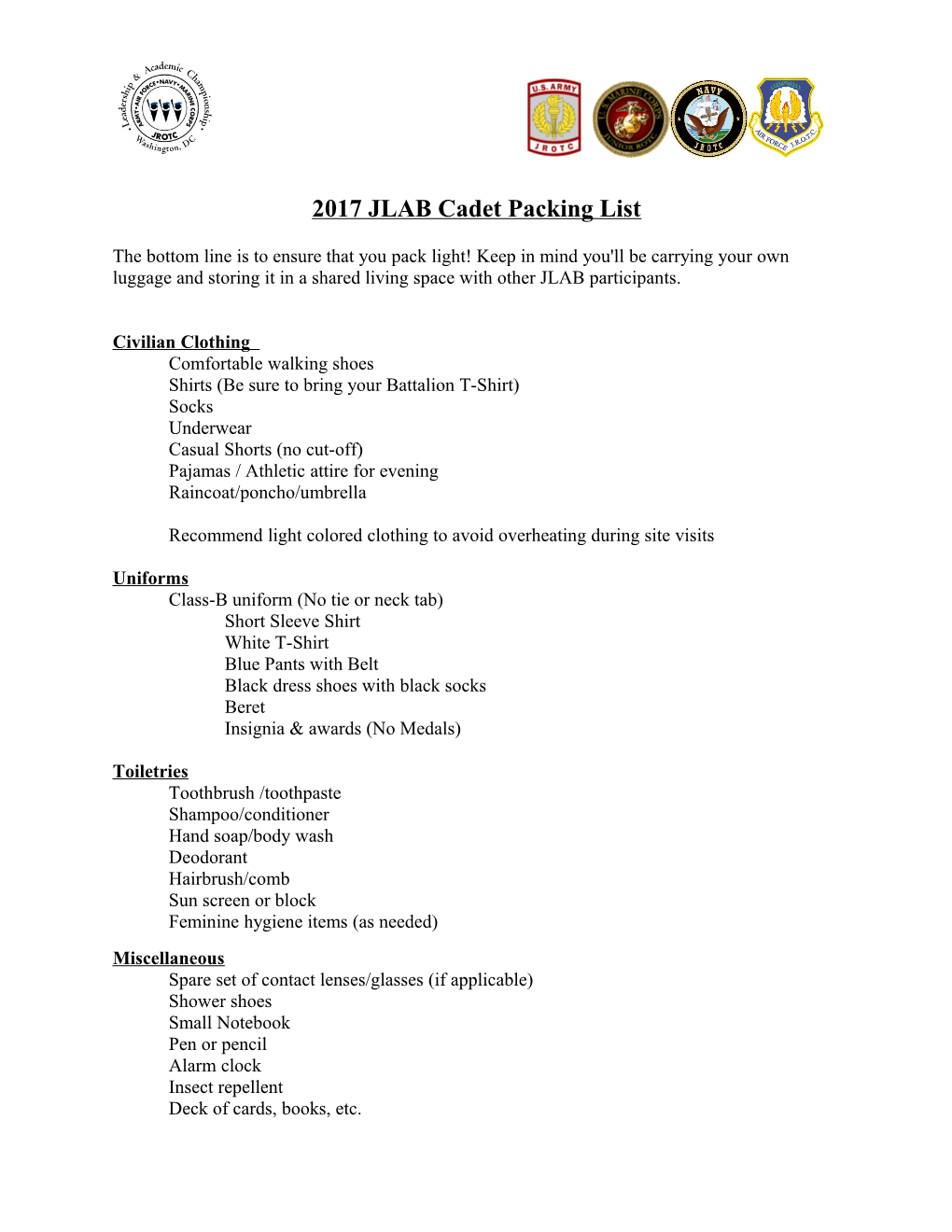 2017 JLAB Cadet Packing List