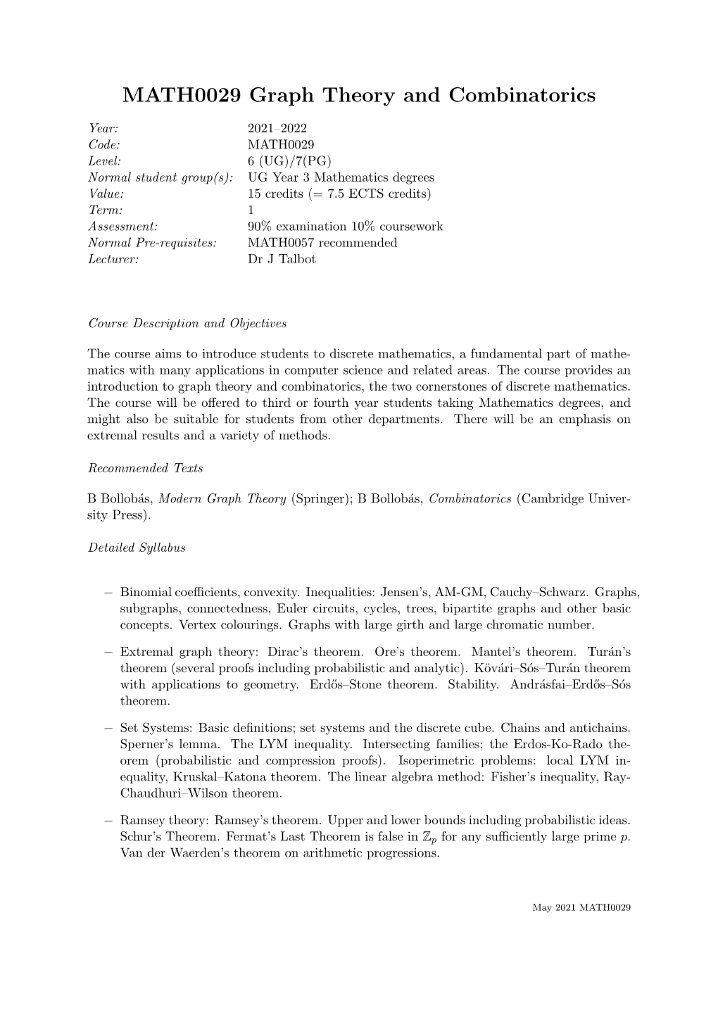 MATH0029 Graph Theory and Combinatorics