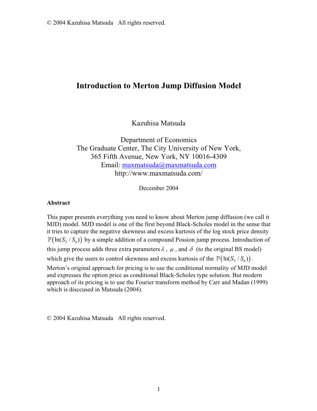 Introduction to Merton Jump Diffusion Model