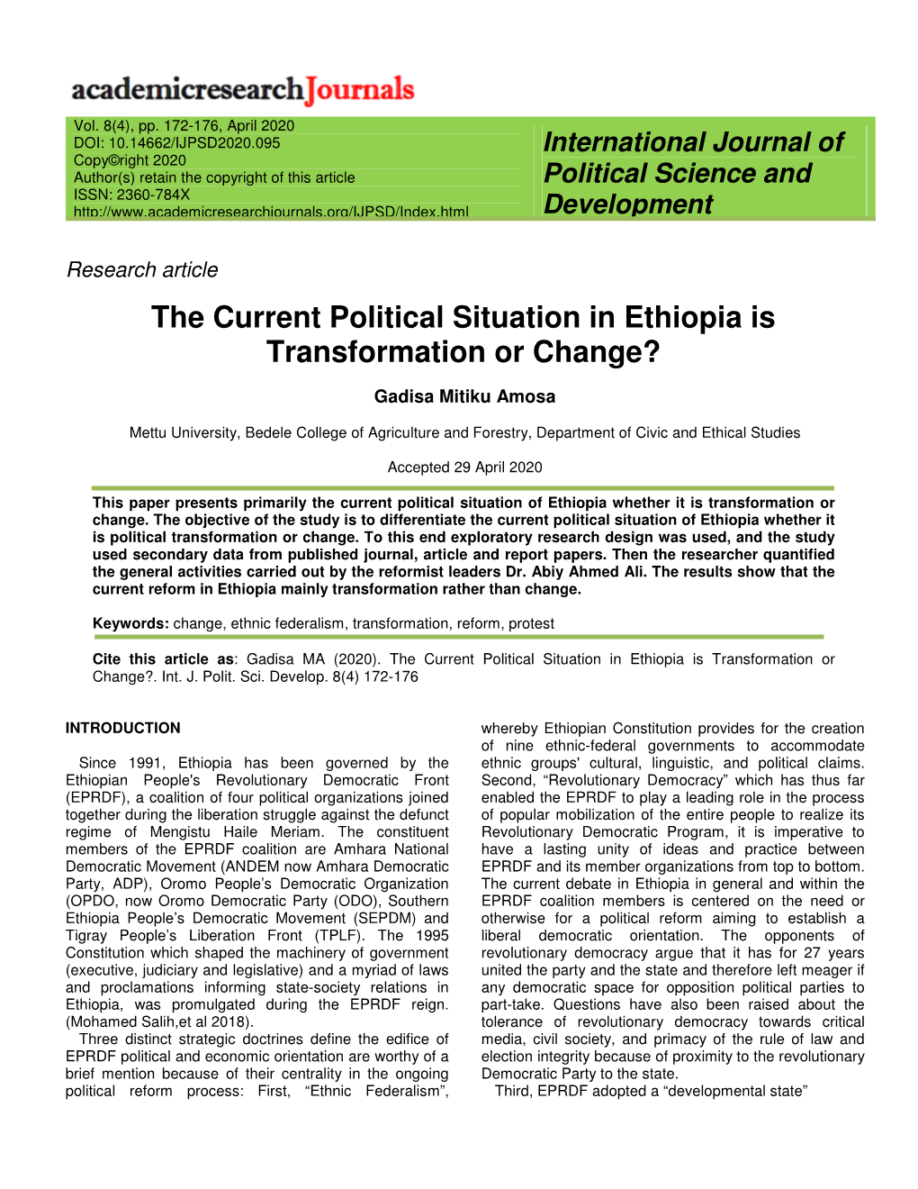 The Current Political Situation in Ethiopia Is Transformation Or Change?
