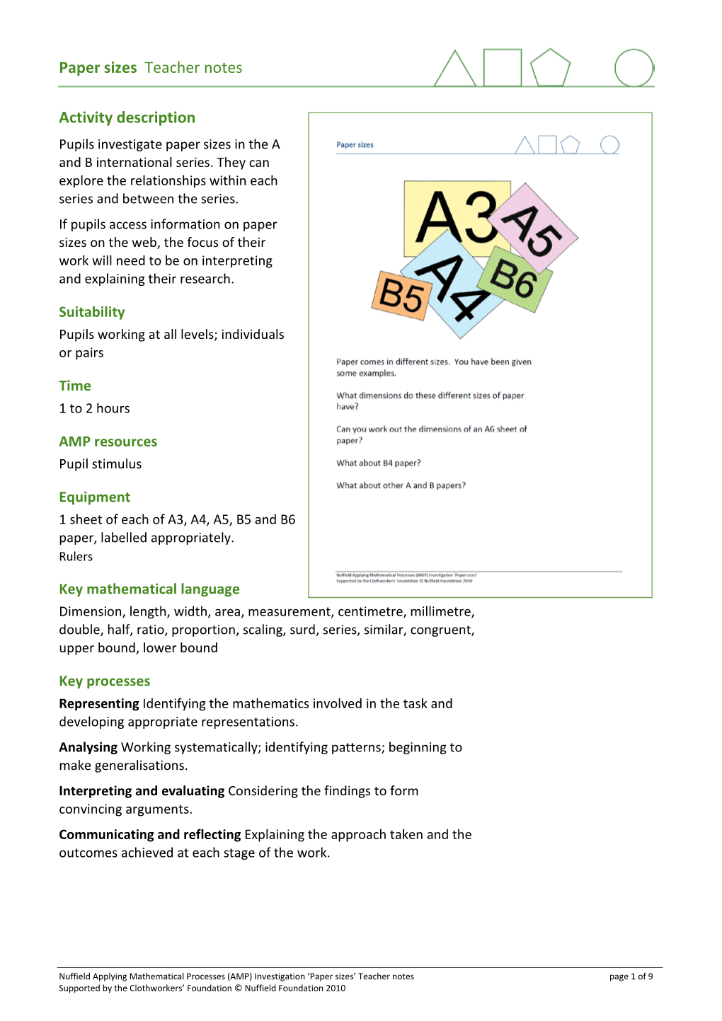 Paper Sizes Teacher Notes Activity Description