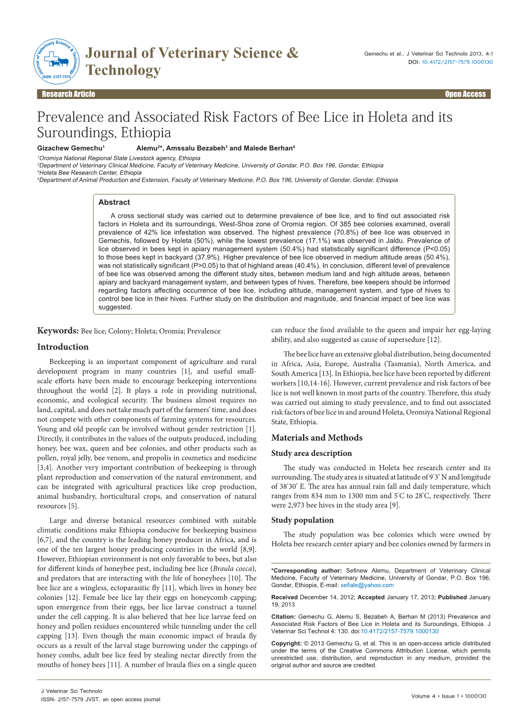 Prevalence and Associated Risk Factors of Bee Lice in Holeta and Its