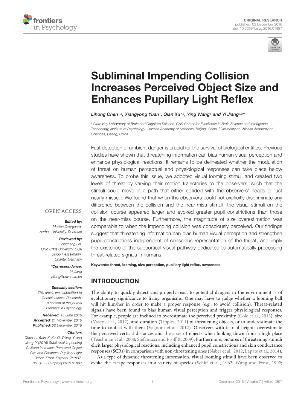 Subliminal Impending Collision Increases Perceived Object Size and Enhances Pupillary Light Reflex