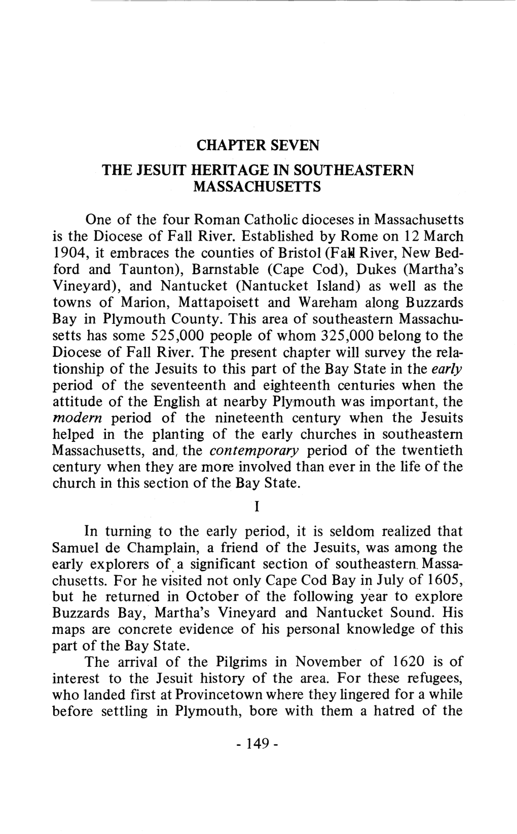 Chapter Seven the Jesuit Heritage in Southeastern Massachusetts