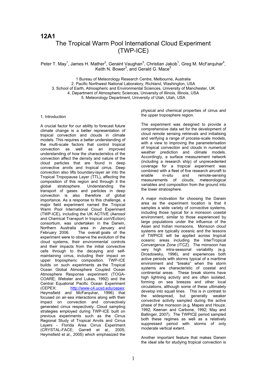 12A1 the Tropical Warm Pool International Cloud Experiment (TWP-ICE)