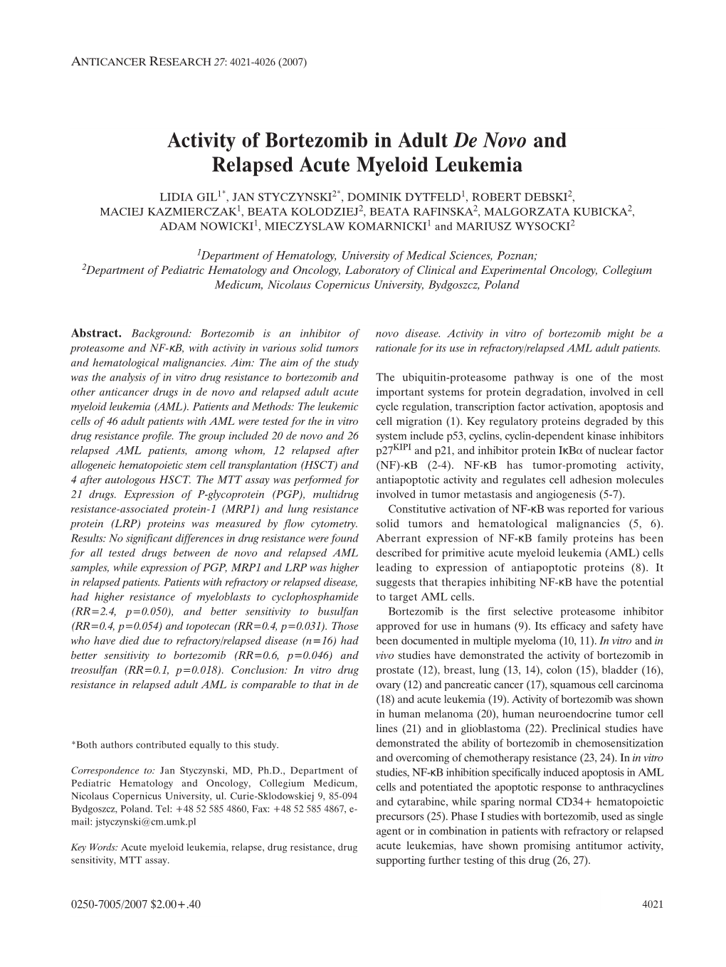 Activity of Bortezomib in Adult De Novo and Relapsed Acute Myeloid Leukemia