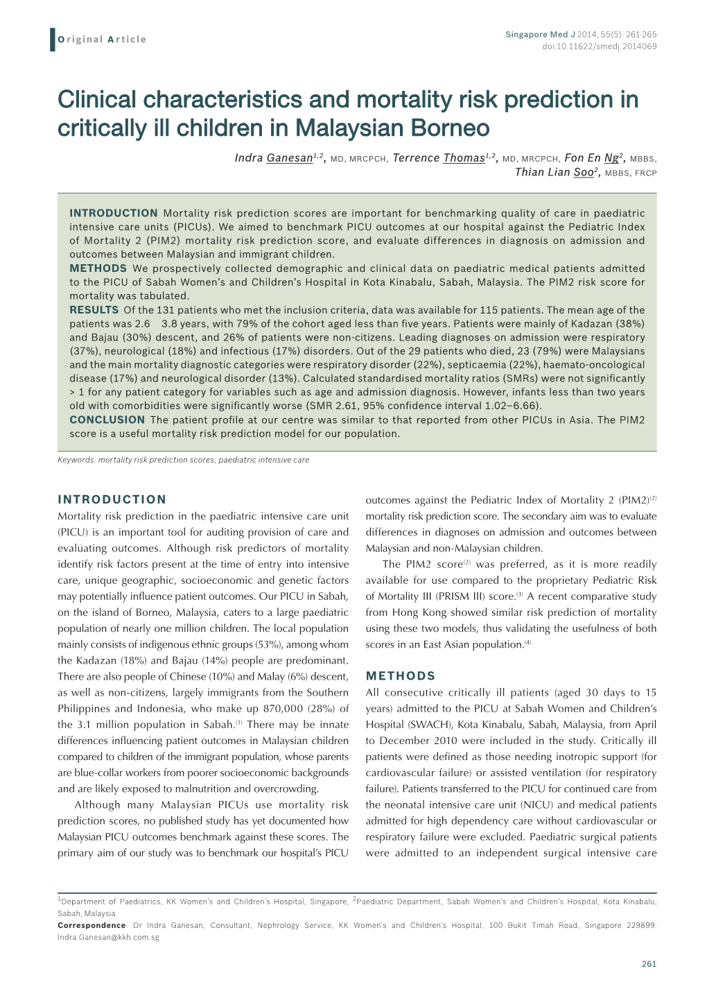 Clinical Characteristics and Mortality Risk Prediction in Critically Ill Children in Malaysian Borneo