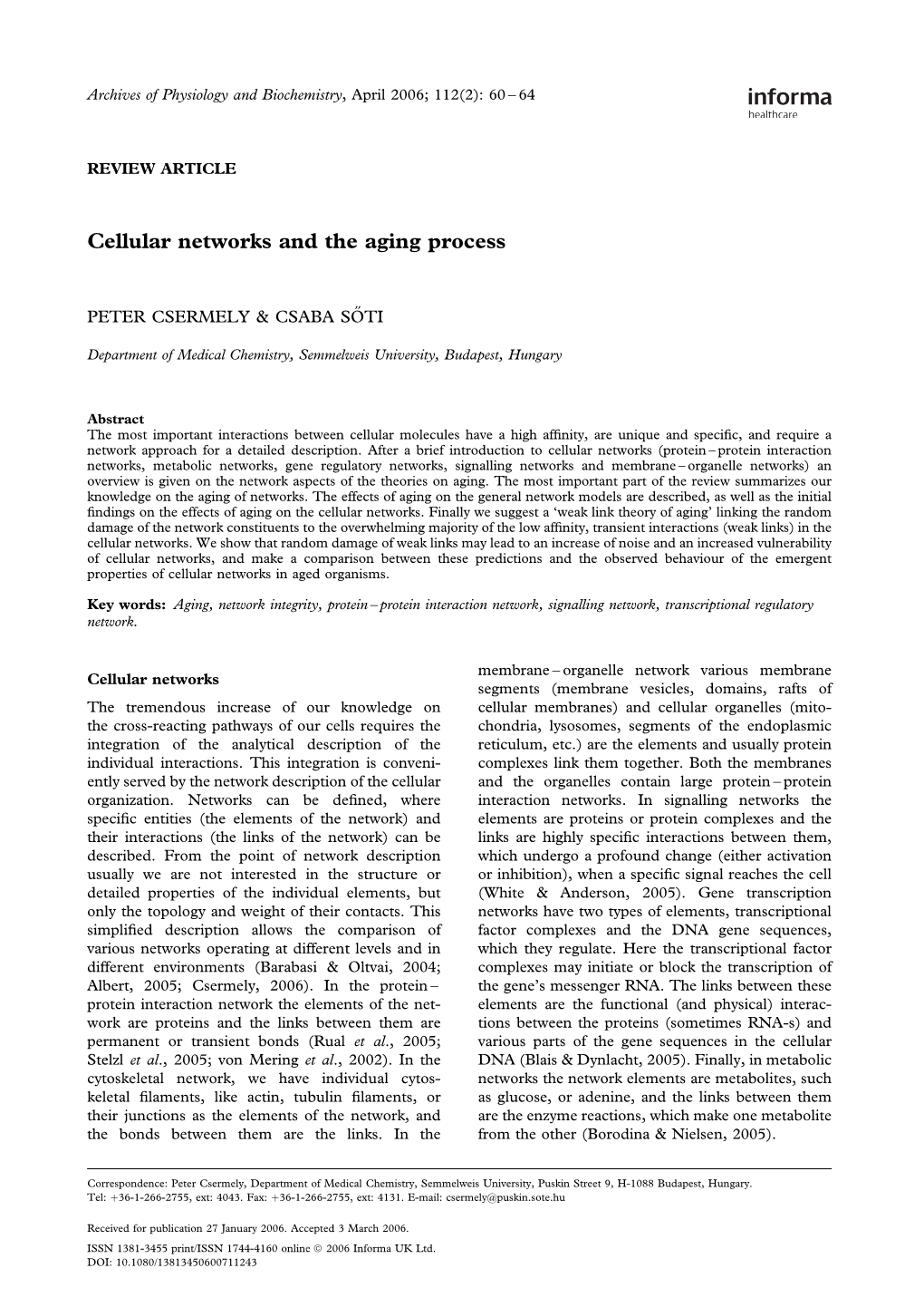 Cellular Networks and the Aging Process