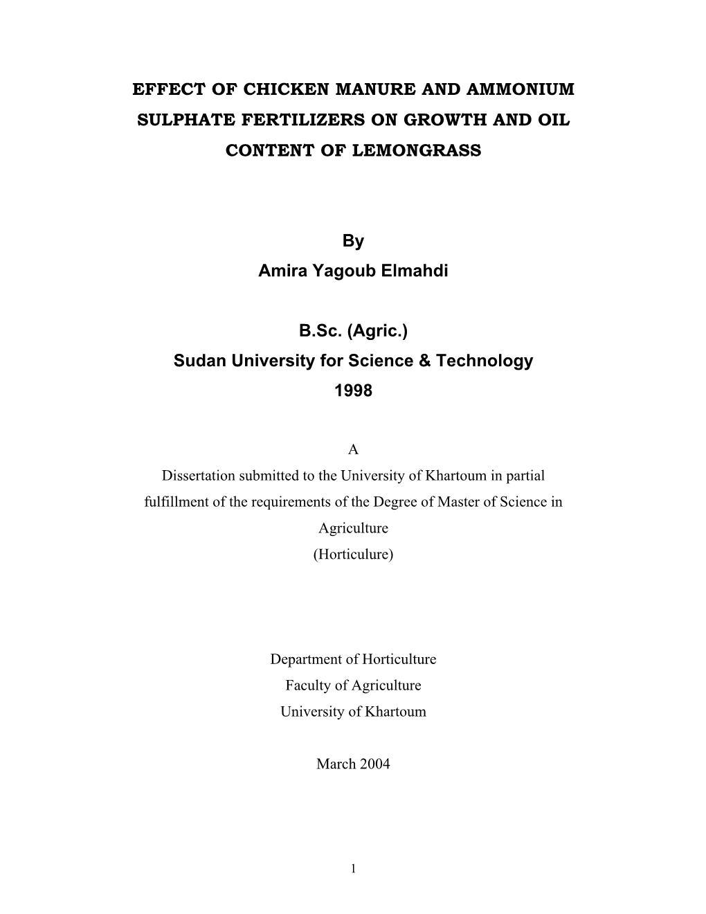 Effect of Chicken Manure and Ammonium Sulphate Fertilizers on Growth and Oil Content of Lemongrass