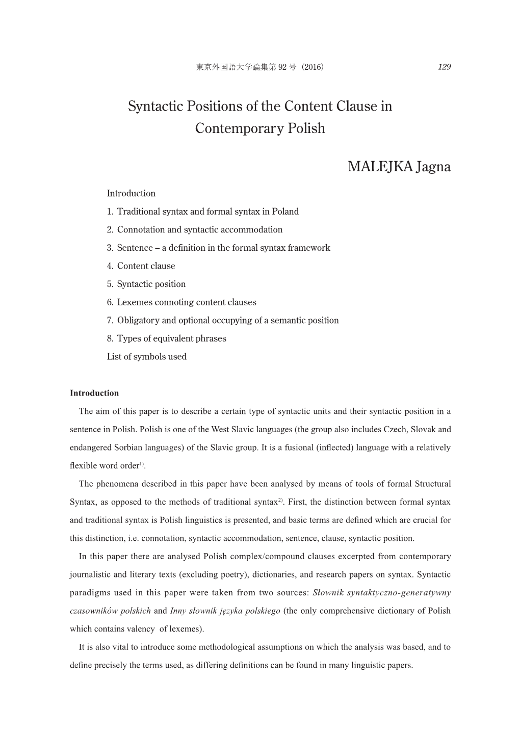 Syntactic Positions of the Content Clause in Contemporary Polish