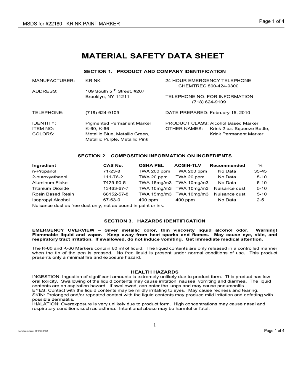 MSDS for #22180 - KRINK PAINT MARKER Page 1 of 4