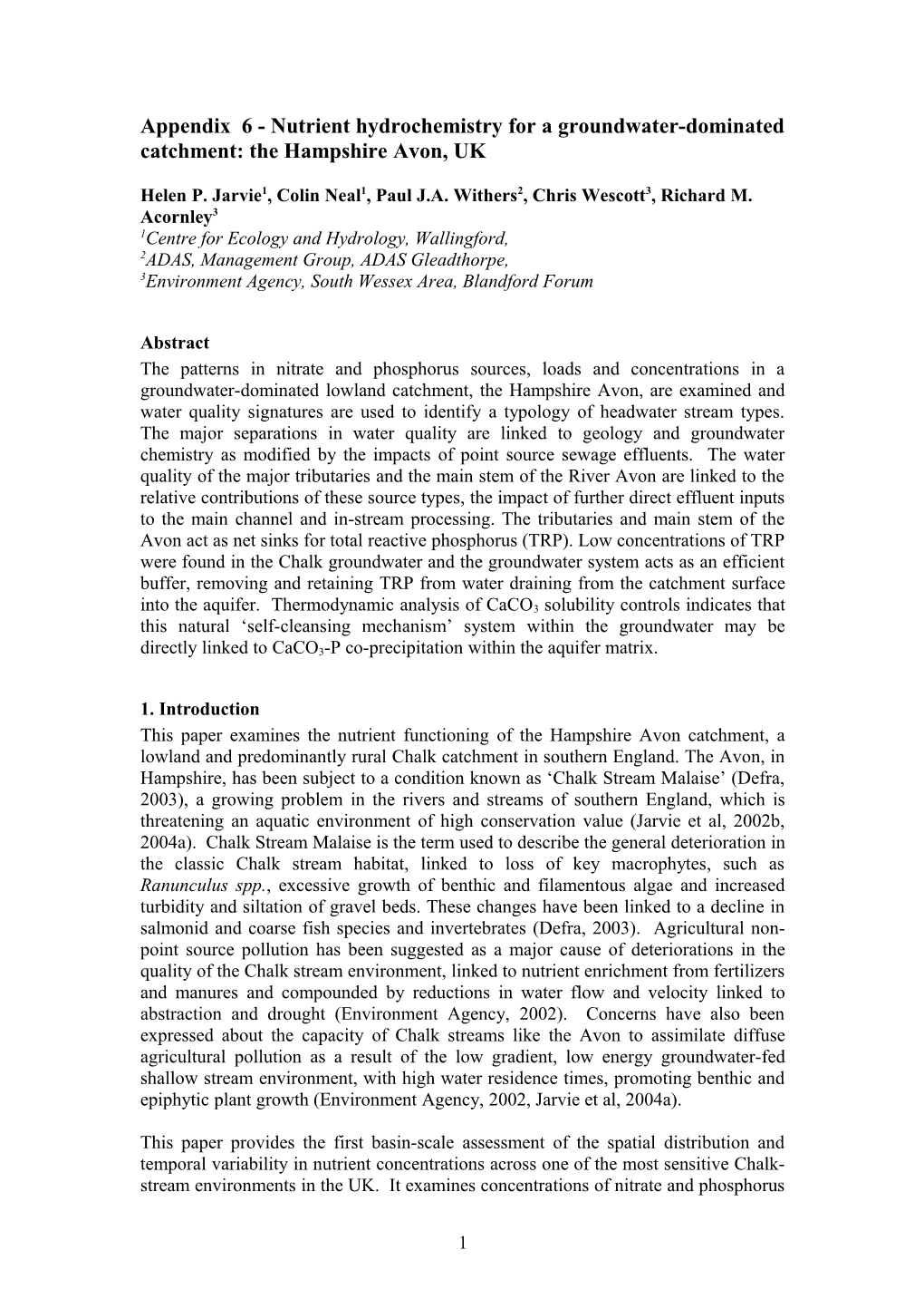 Appendix 6 - Nutrient Hydrochemistry for a Groundwater-Dominated Catchment: the Hampshire