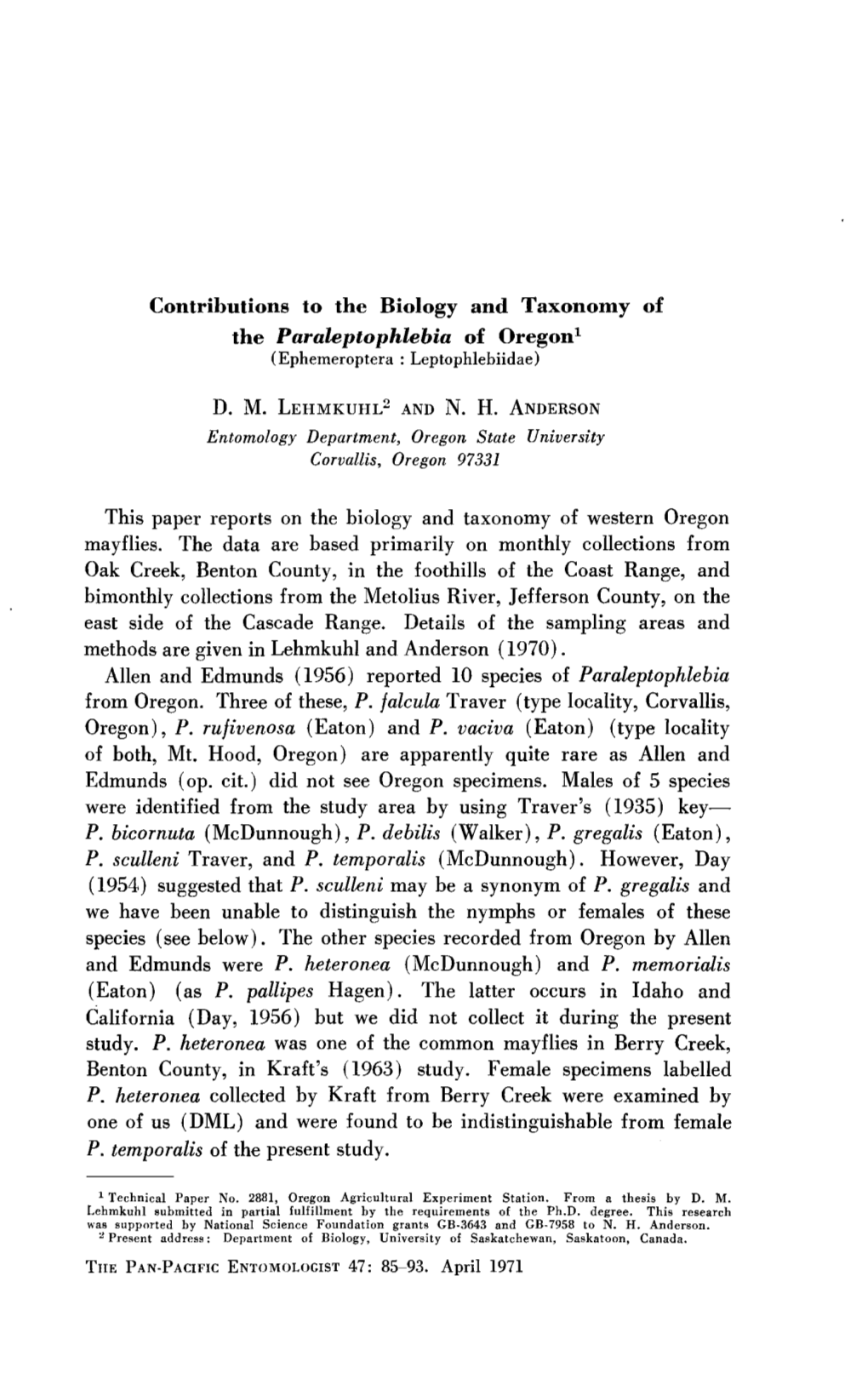 Contributions to the Biology and Taxonomy of the Paraleptophlebia of Oregon1 (Ephemeroptera : Leptophlebiidae)