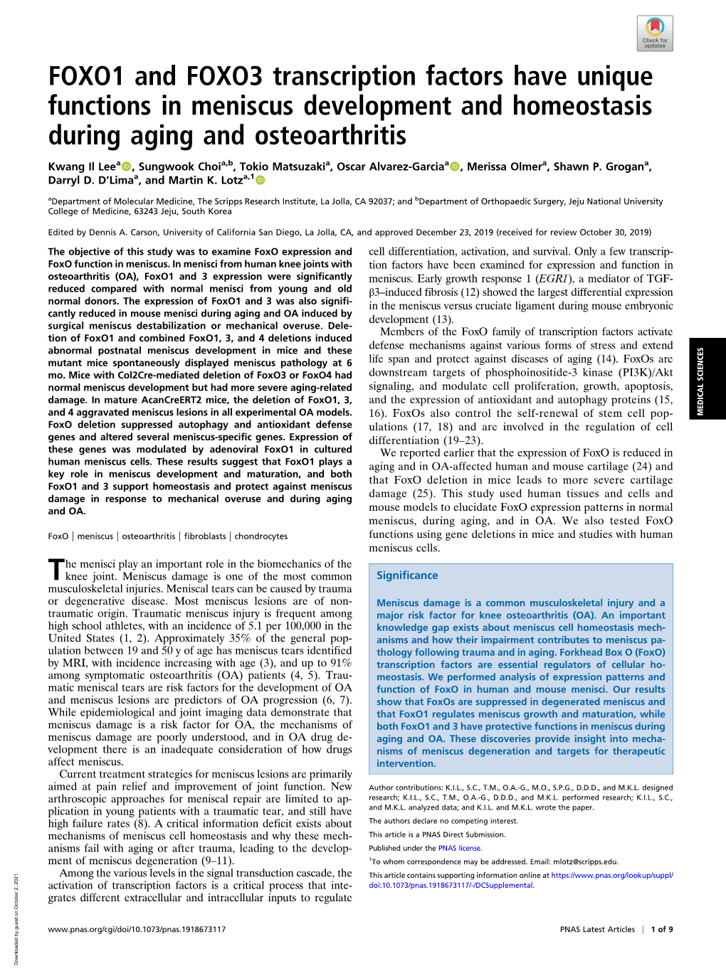 FOXO1 and FOXO3 Transcription Factors Have Unique Functions in Meniscus Development and Homeostasis During Aging and Osteoarthritis