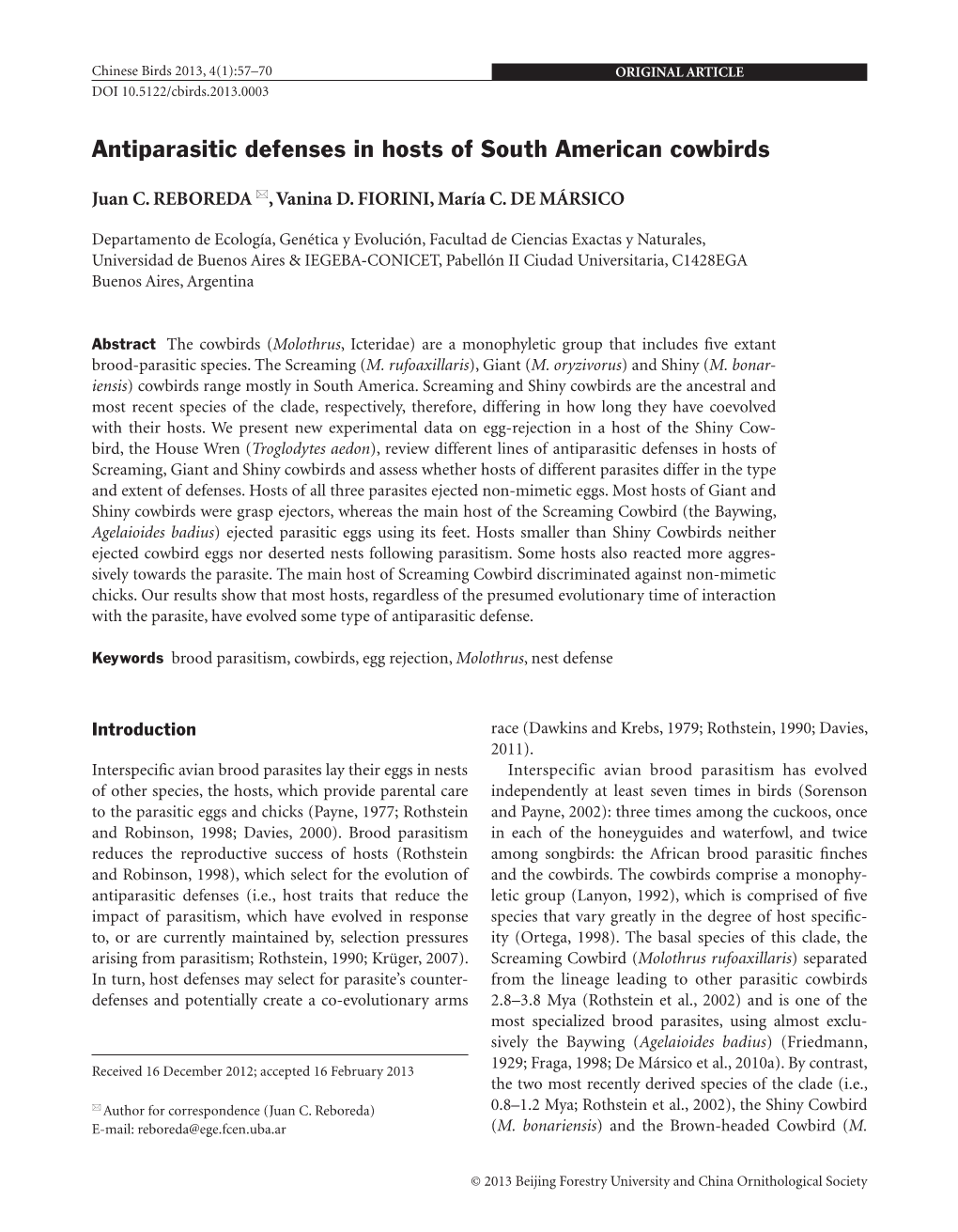 Antiparasitic Defences in Hosts of South American Cowbirds