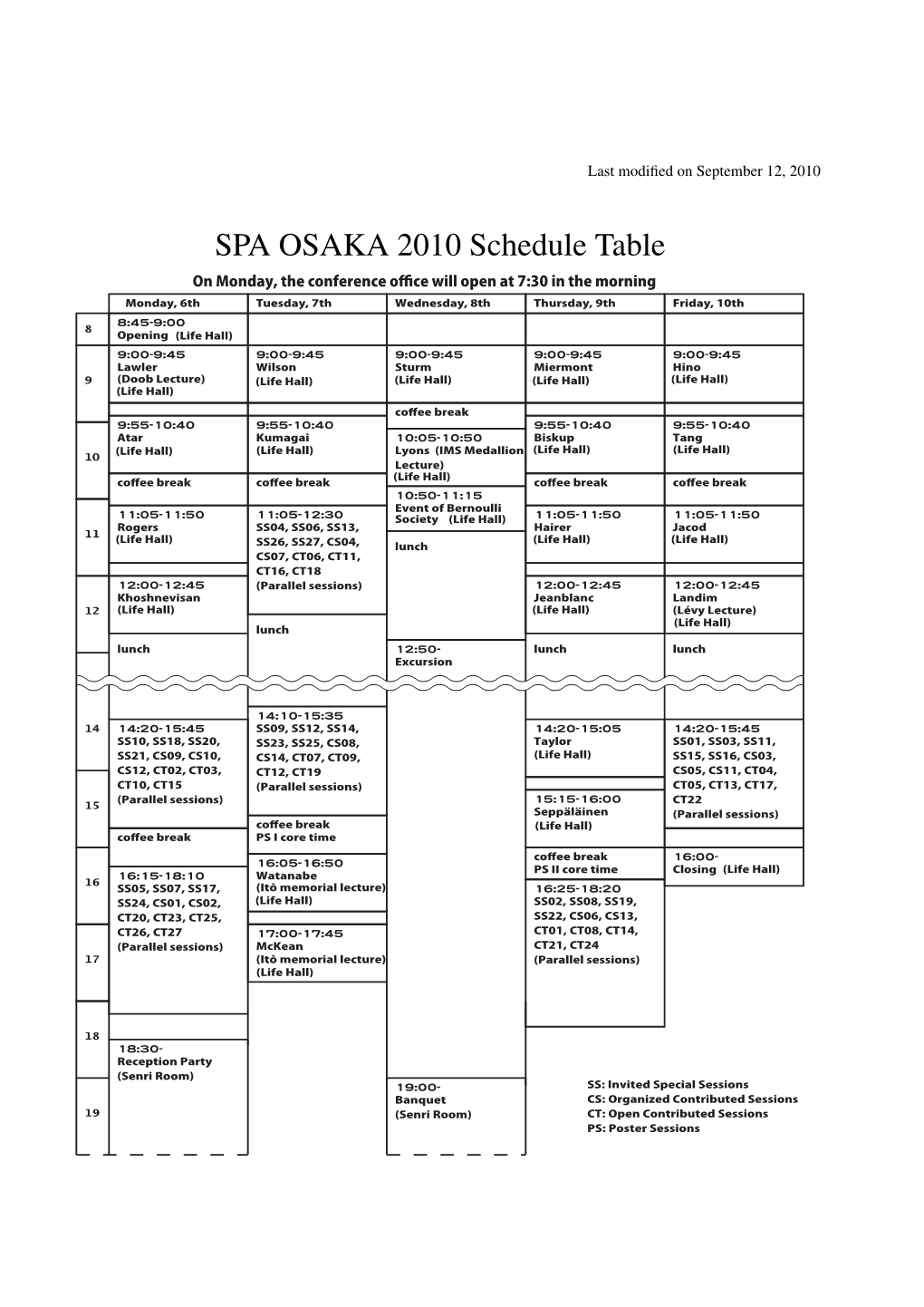 SPA OSAKA 2010 Schedule Table