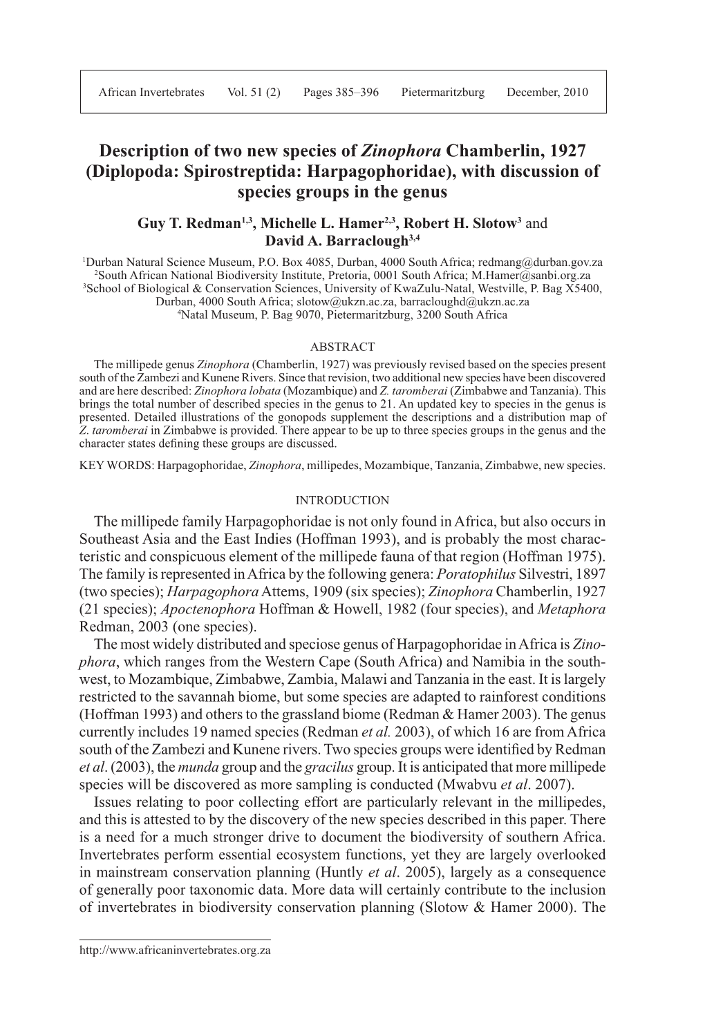 Diplopoda: Spirostreptida: Harpagophoridae), with Discussion of Species Groups in the Genus Guy T