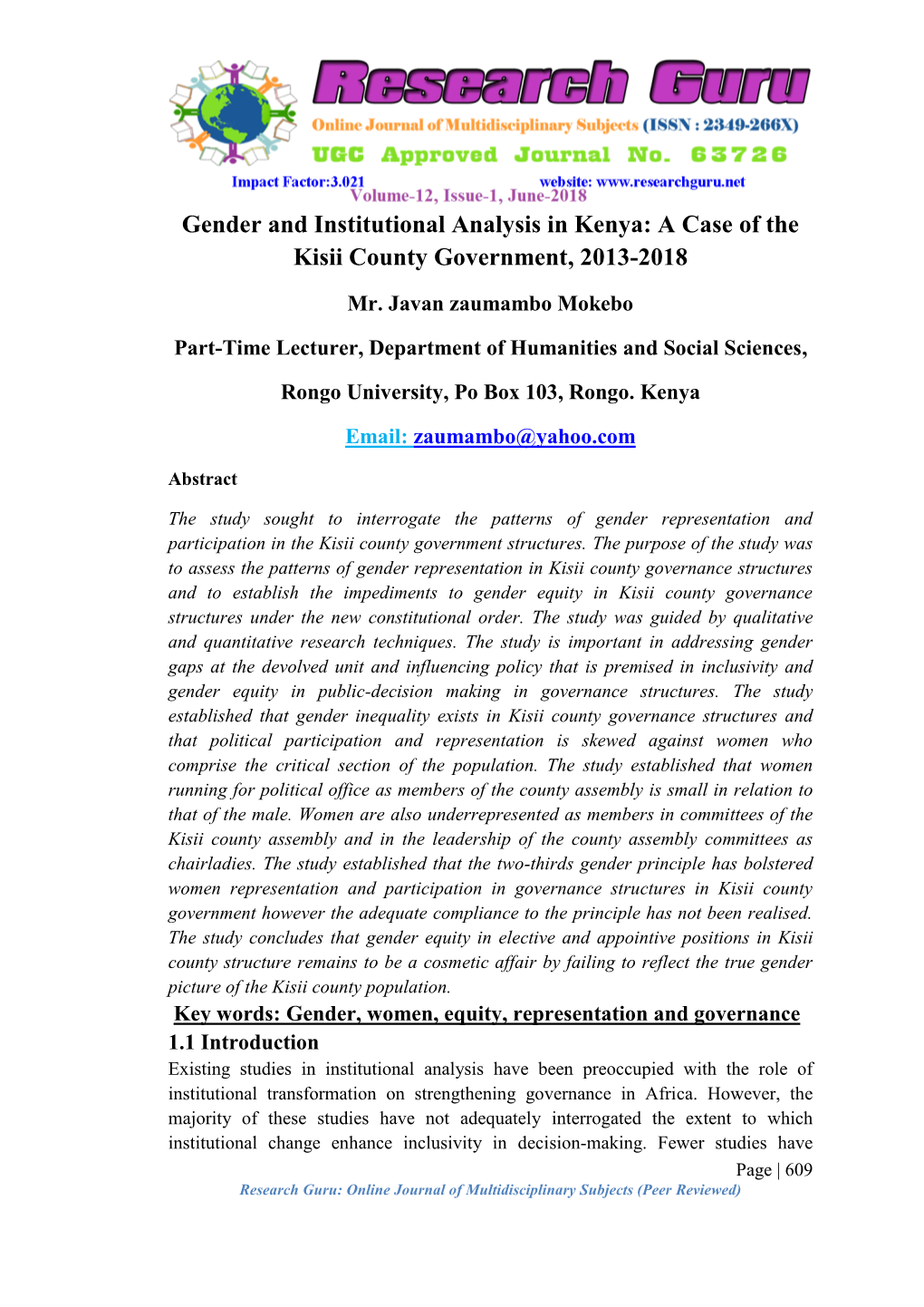 Gender and Institutional Analysis in Kenya: a Case of the Kisii County Government, 2013-2018