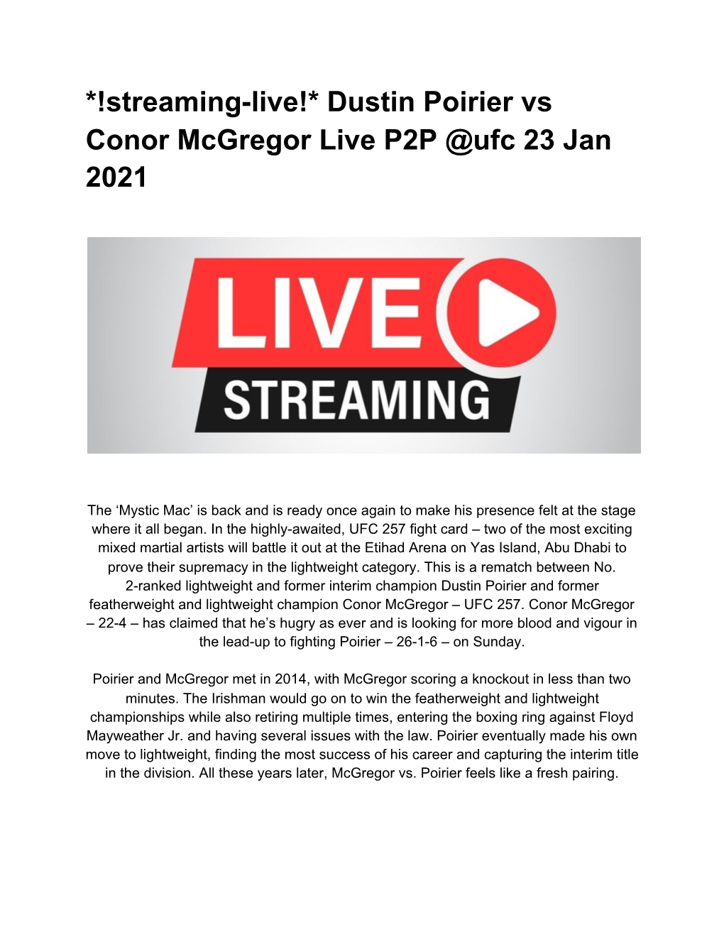 Streaming-Live!* Dustin Poirier Vs Conor Mcgregor Live P2P @Ufc 23 Jan 2021