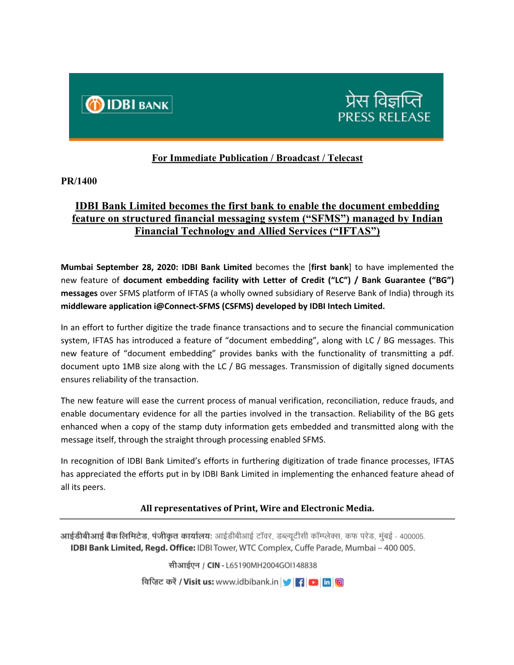 IDBI Bank Limited Becomes the First Bank to Enable the Document