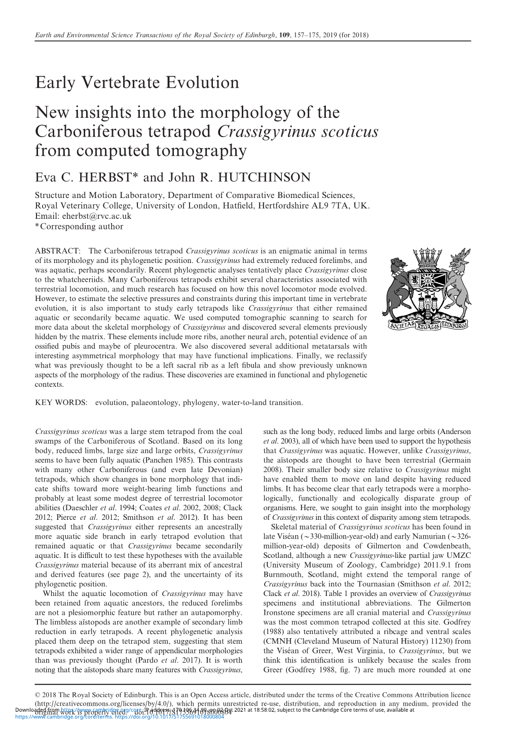 Early Vertebrate Evolution New Insights Into the Morphology of the Carboniferous Tetrapod Crassigyrinus Scoticus from Computed Tomography Eva C