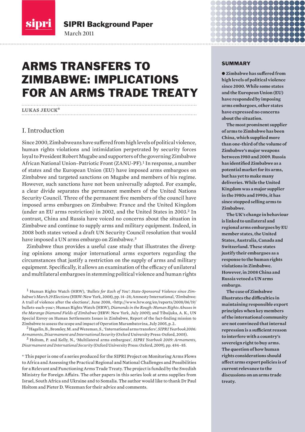 Arms Transfers to Zimbabwe: Implications for an Arms Trade Treaty, SIPRI Background Paper