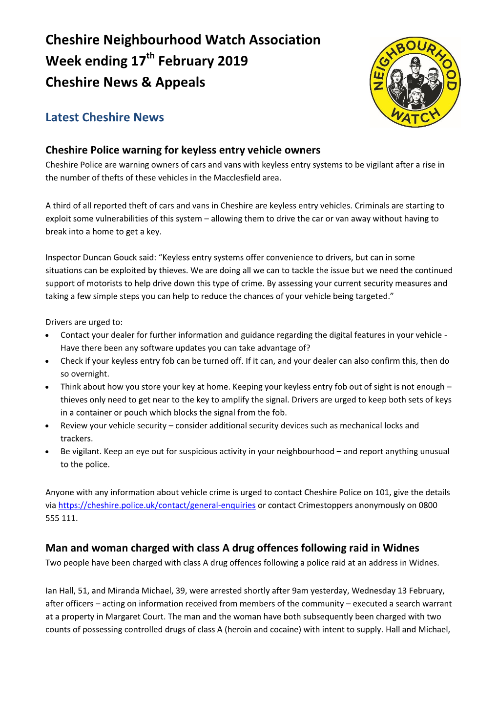 February 2019 Cheshire News & Appeals