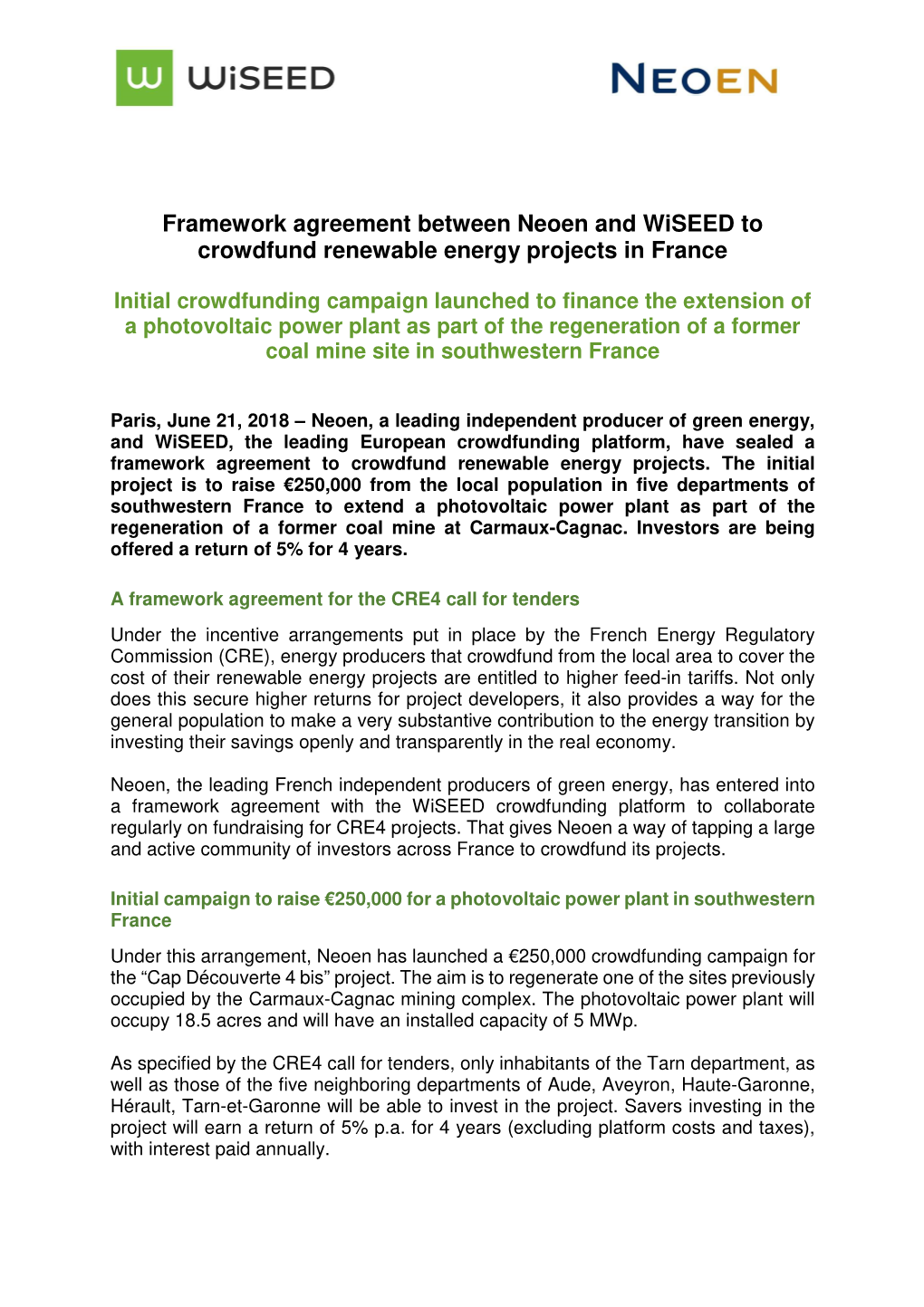 Framework Agreement Between Neoen and Wiseed to Crowdfund Renewable Energy Projects in France