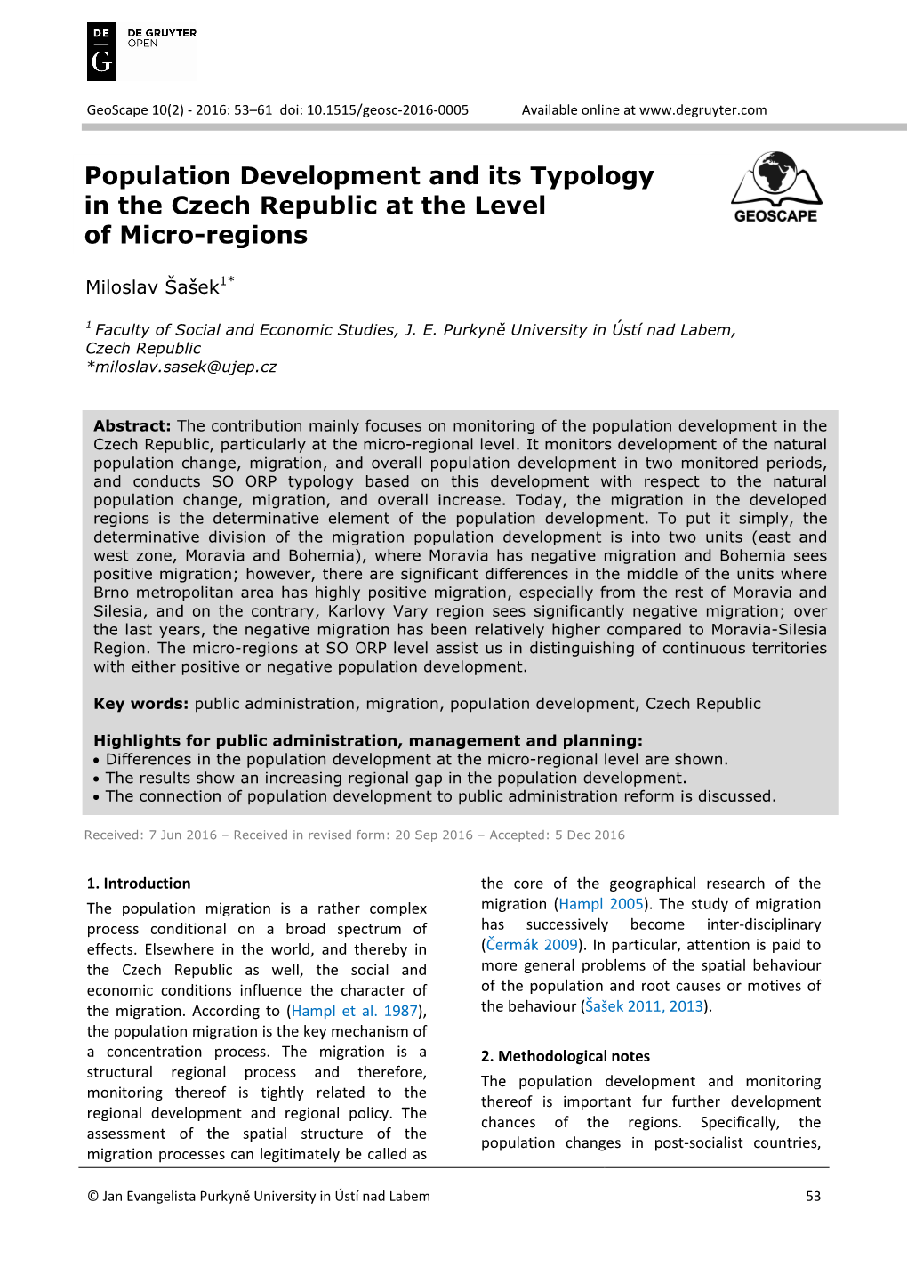 Population Development and Its Typology in the Czech Republic at the Level of Micro-Regions