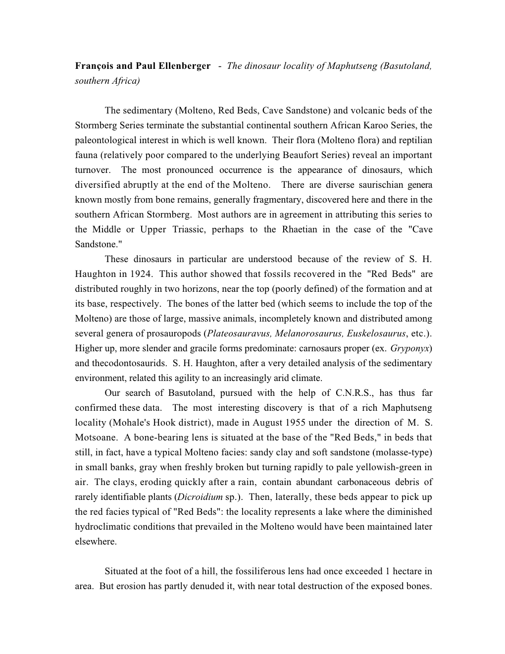 François and Paul Ellenberger - the Dinosaur Locality of Maphutseng (Basutoland, Southern Africa)