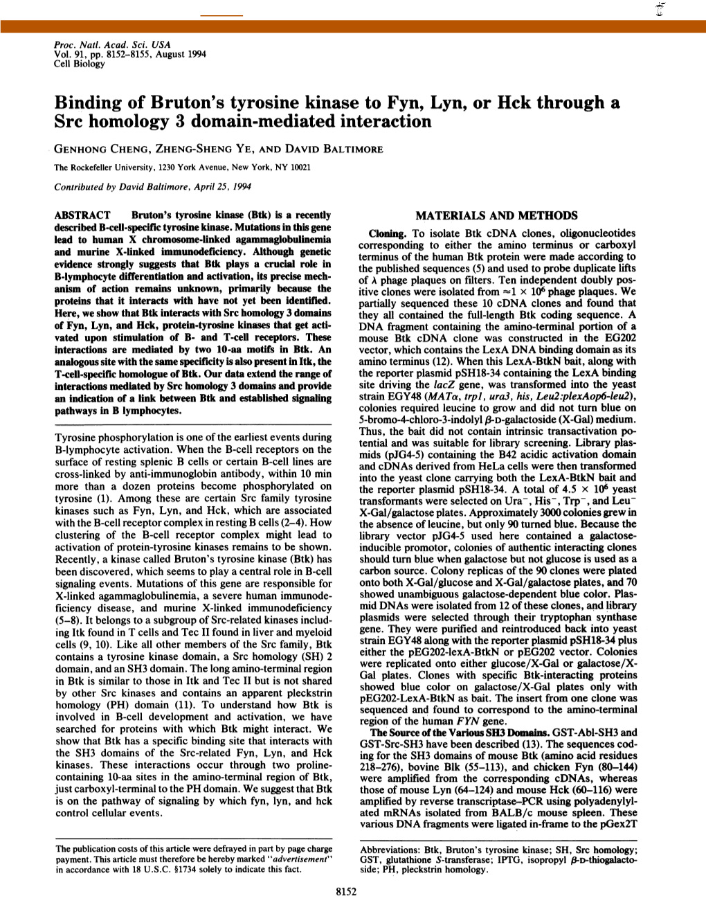 Binding of Bruton's Tyrosine Kinase to Fyn, Lyn, Or Hck Through A