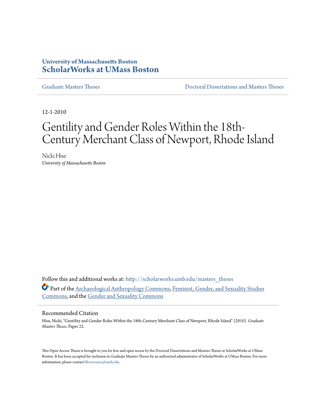 Gentility and Gender Roles Within the 18Th-Century Merchant Class of Newport, Rhode Island