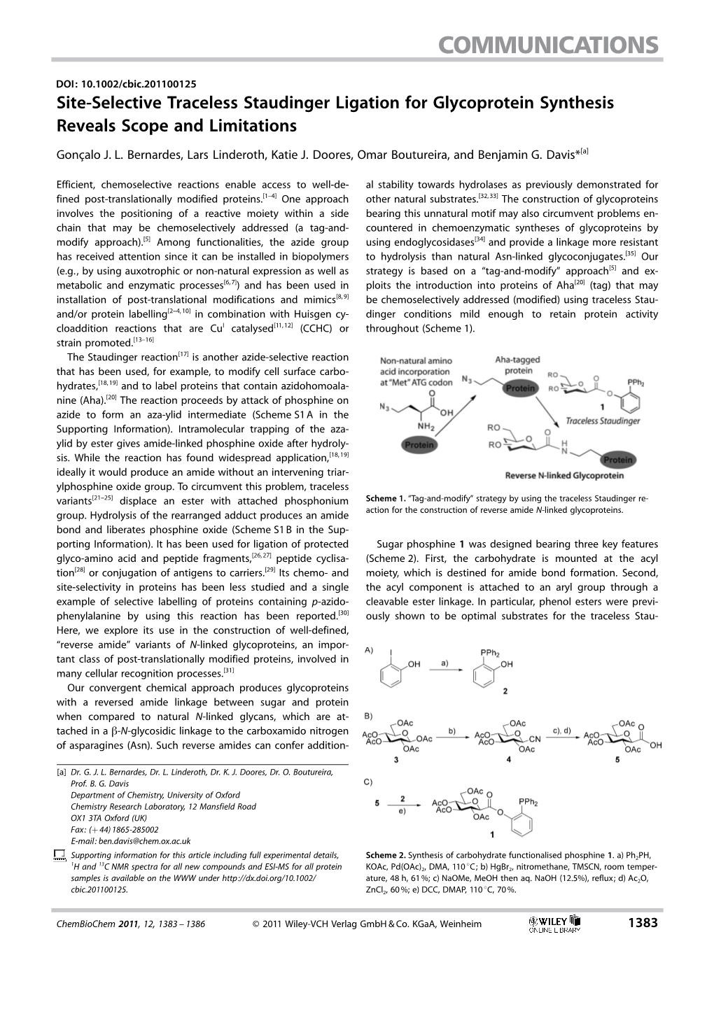 Siteselective Traceless Staudinger Ligation for Glycoprotein Synthesis Reveals Scope and Limitations