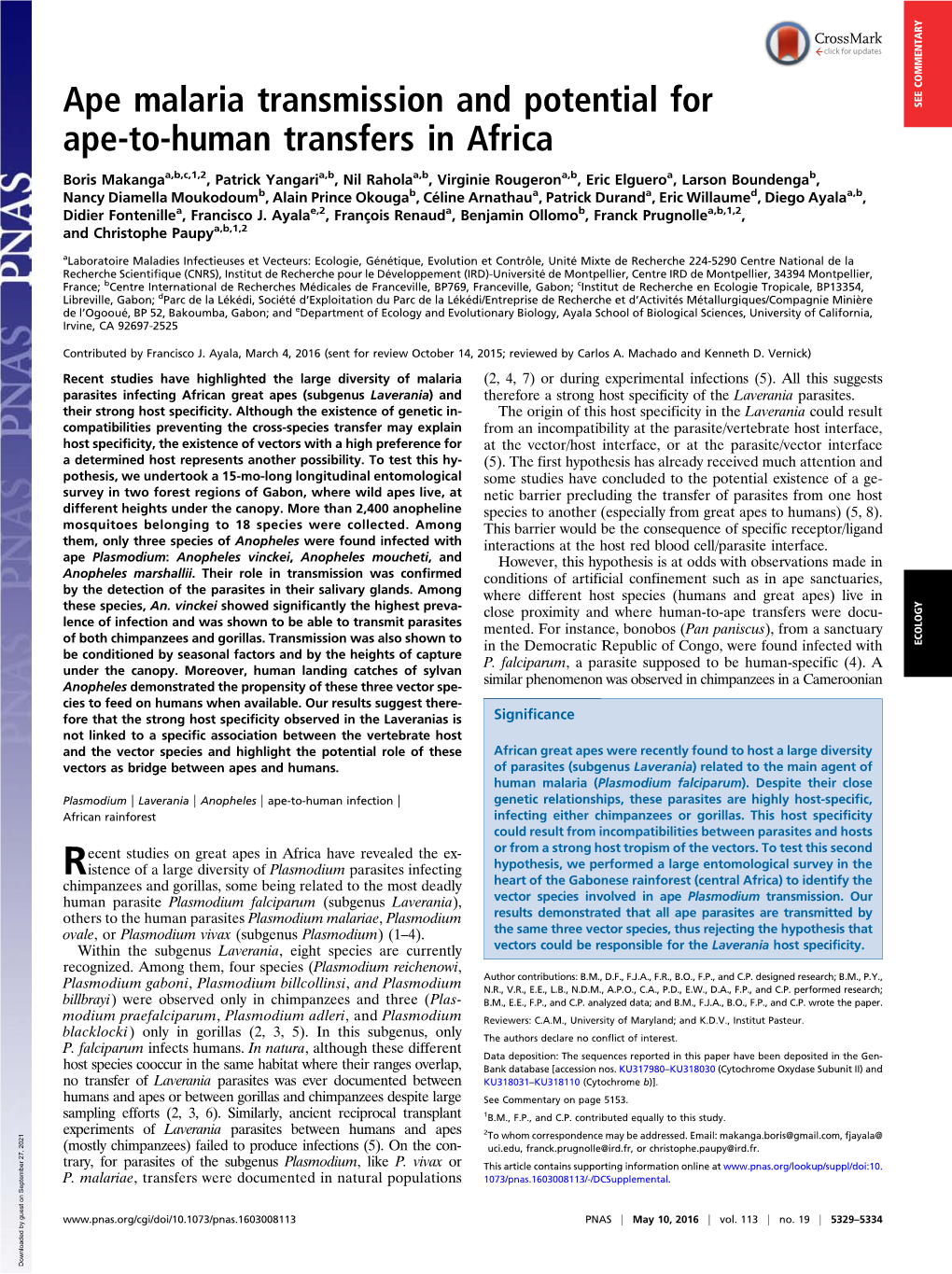 Ape Malaria Transmission and Potential for Ape-To-Human Transfers