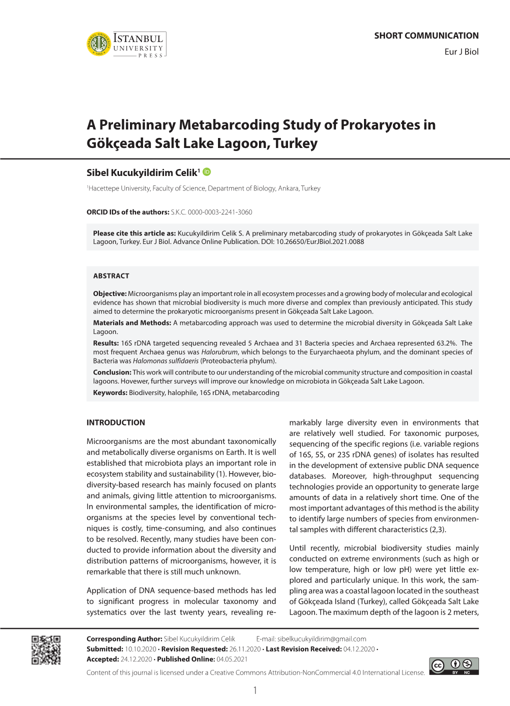 A Preliminary Metabarcoding Study of Prokaryotes in Gökçeada Salt Lake Lagoon, Turkey