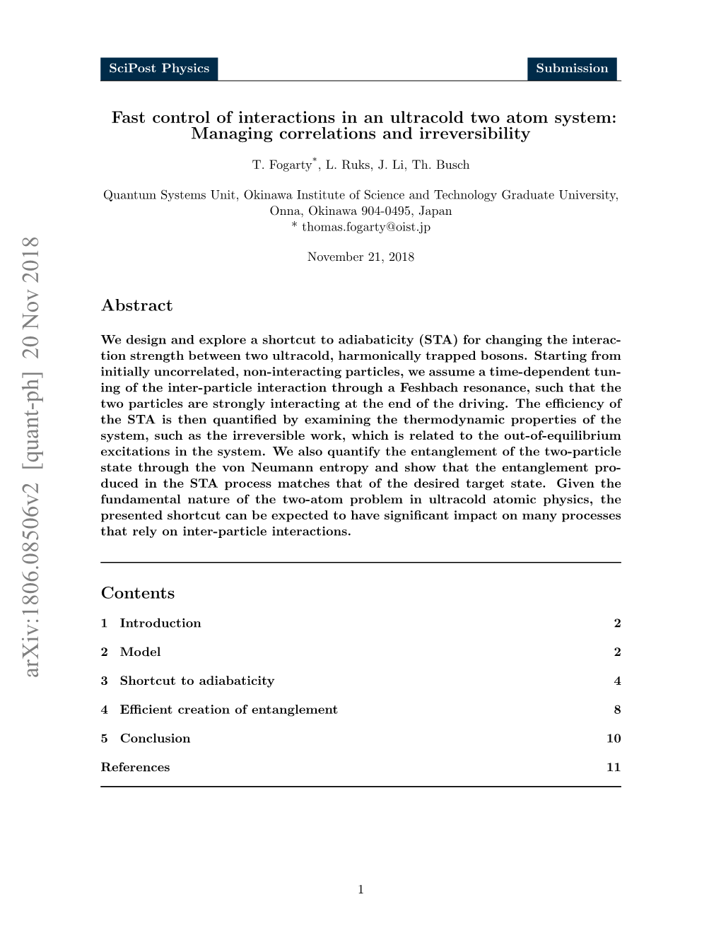 Arxiv:1806.08506V2 [Quant-Ph] 20 Nov 2018 3 Shortcut to Adiabaticity 4