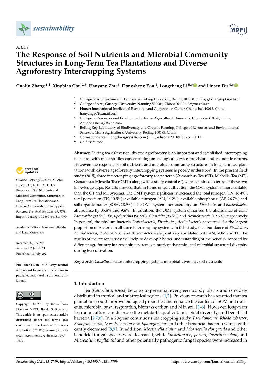 The Response of Soil Nutrients and Microbial Community Structures in Long-Term Tea Plantations and Diverse Agroforestry Intercropping Systems