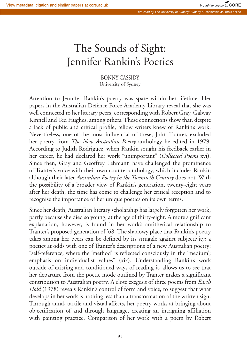 The Sounds of Sight: Jennifer Rankin's Poetics
