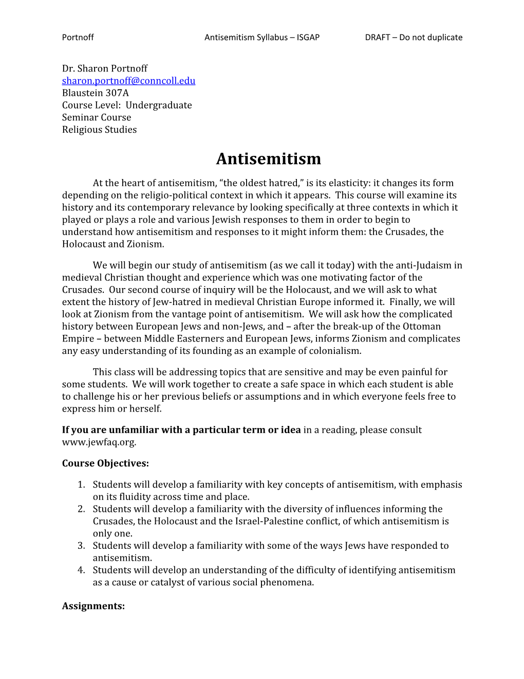 Antisemitism Syllabus – ISGAP DRAFT – Do Not Duplicate