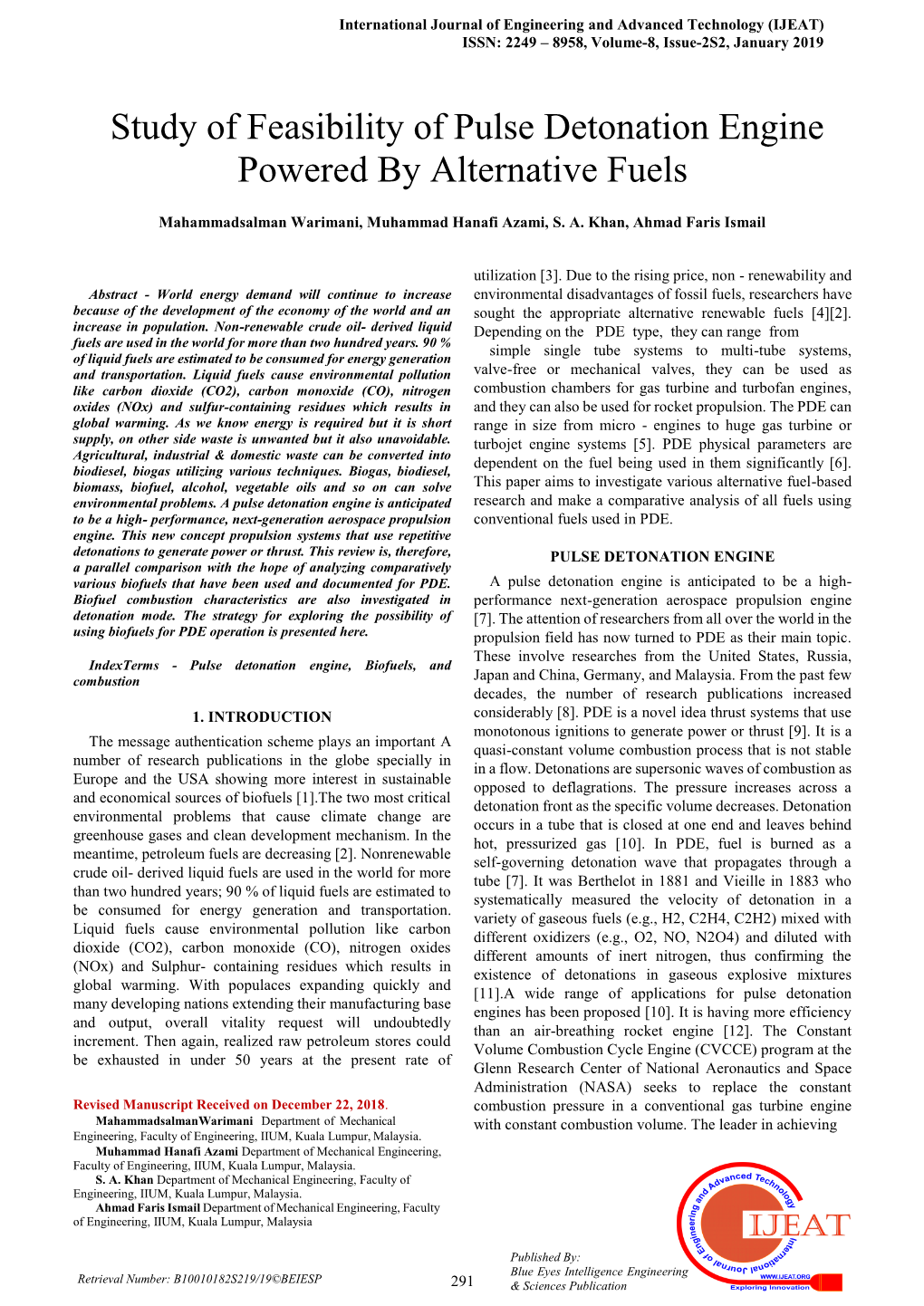 Study of Feasibility of Pulse Detonation Engine Powered by Alternative Fuels