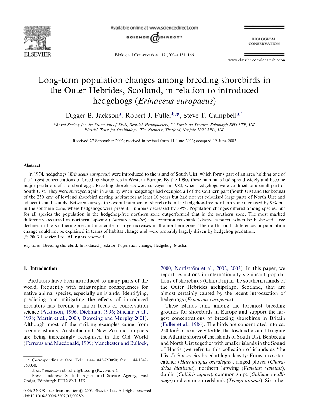 Long-Term Population Changes Among Breeding Shorebirds in the Outer Hebrides, Scotland, in Relation to Introduced Hedgehogs (Erinaceus Europaeus)