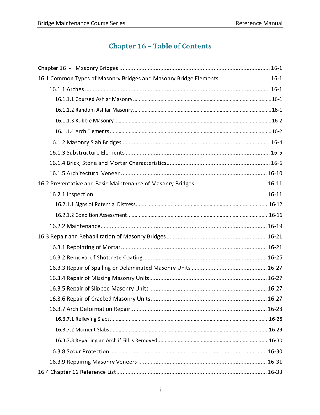 Chapter 16 – Table of Contents