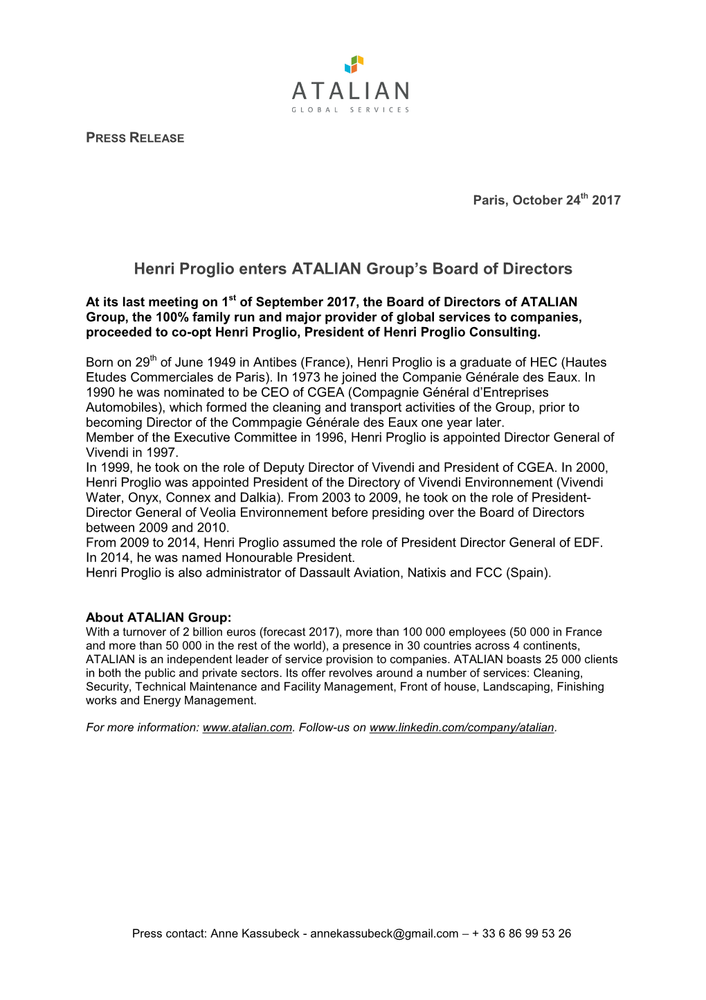 Henri Proglio Enters ATALIAN Group's Board of Directors