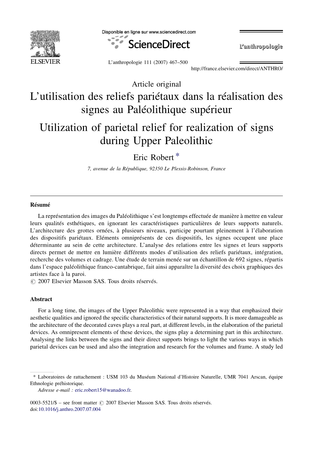 L'utilisation Des Reliefs Pariétaux Dans La Réalisation Des Signes Au Paléolithique Supérieur Utilization of Parietal Reli