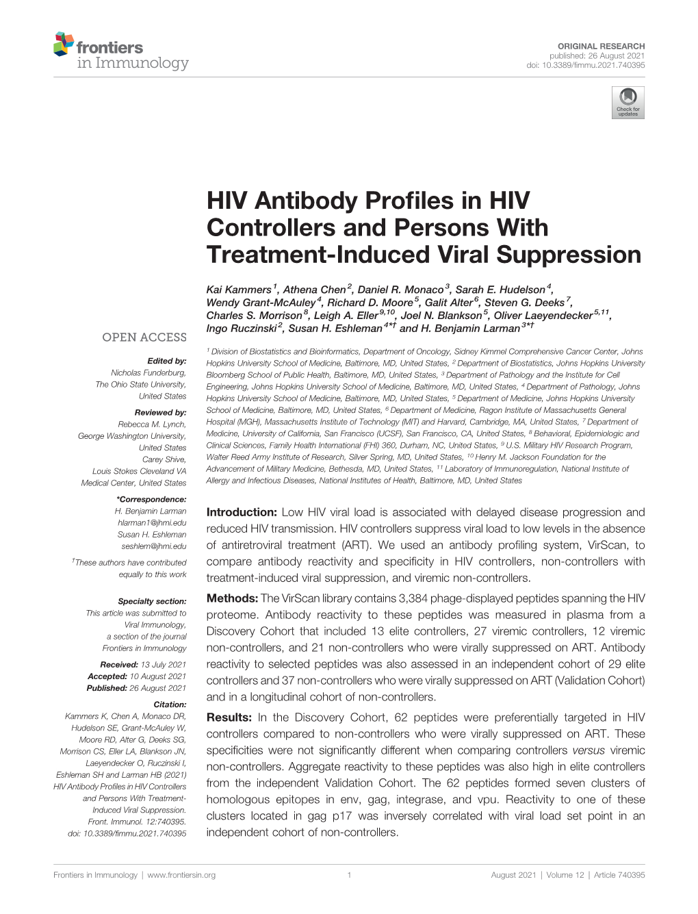 HIV Antibody Profiles in HIV Controllers and Persons