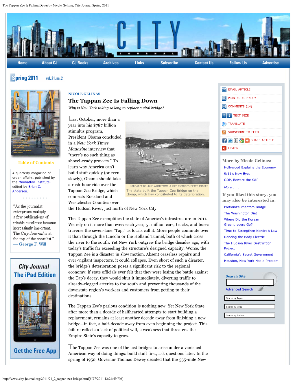 The Tappan Zee Is Falling Down by Nicole Gelinas, City Journal Spring 2011