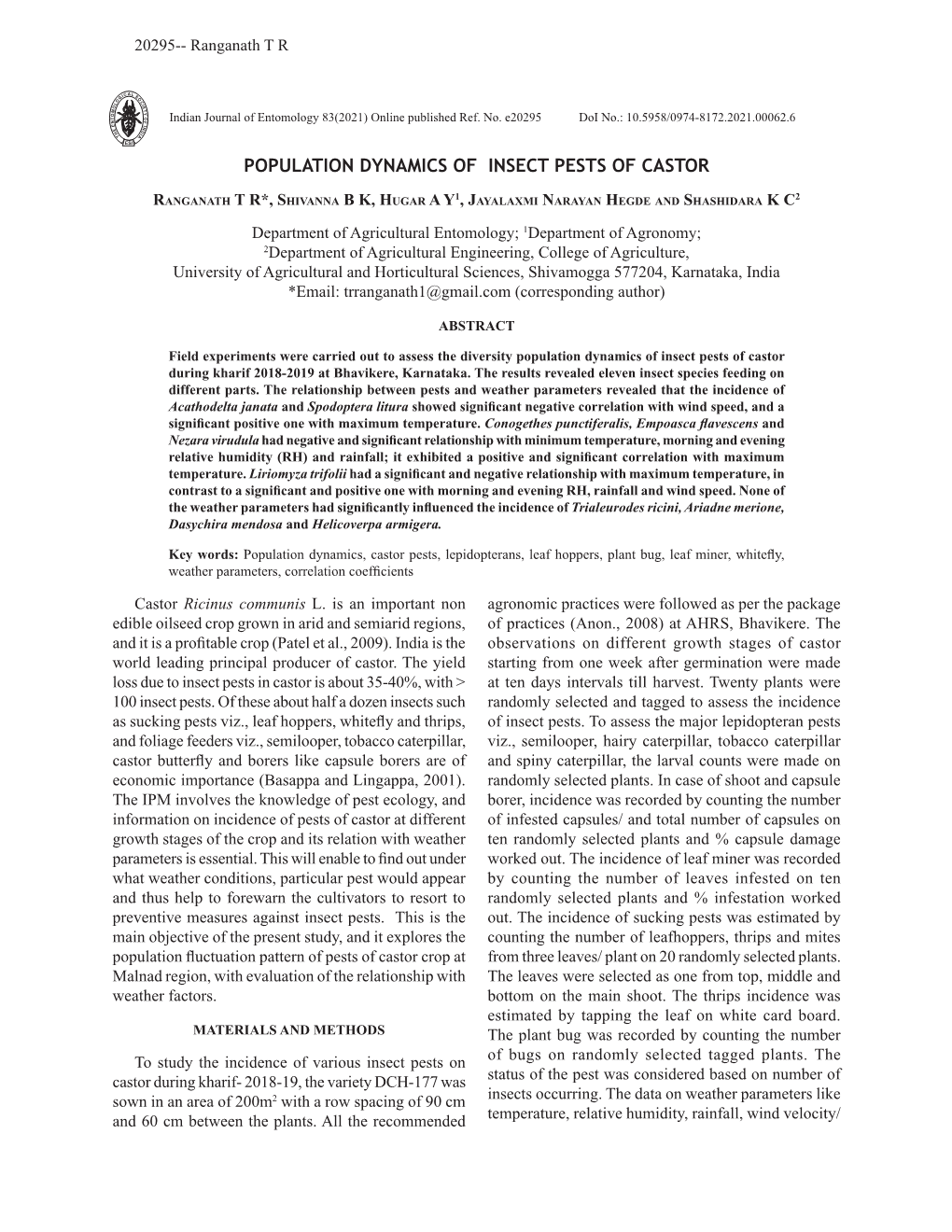 Population Dynamics of Insect Pests of Castor