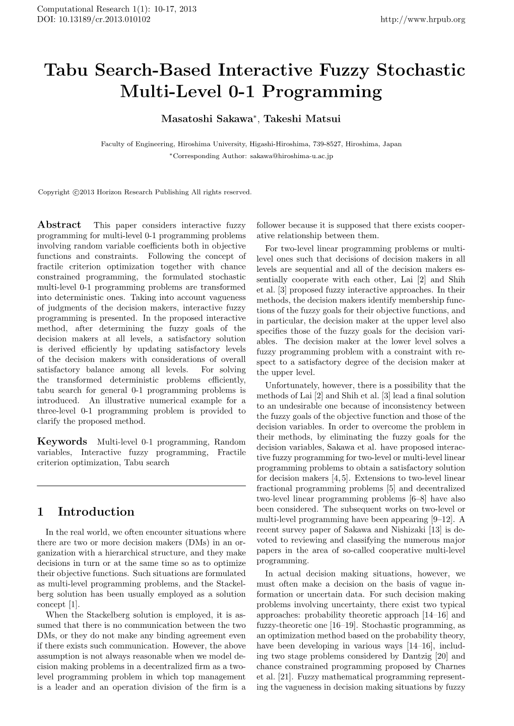 Tabu Search-Based Interactive Fuzzy Stochastic Multi-Level 0-1 Programming