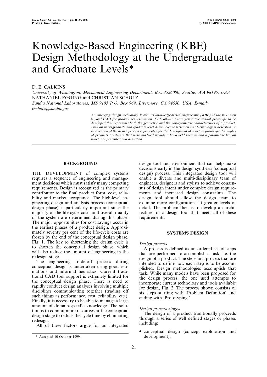 Knowledge-Based Engineering (KBE) Design Methodology at the Undergraduate and Graduate Levels*