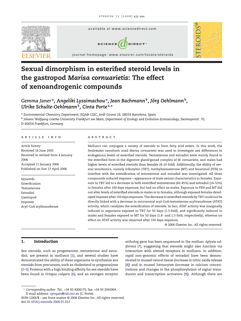 Sexual Dimorphism in Esterified Steroid Levels in the Gastropod